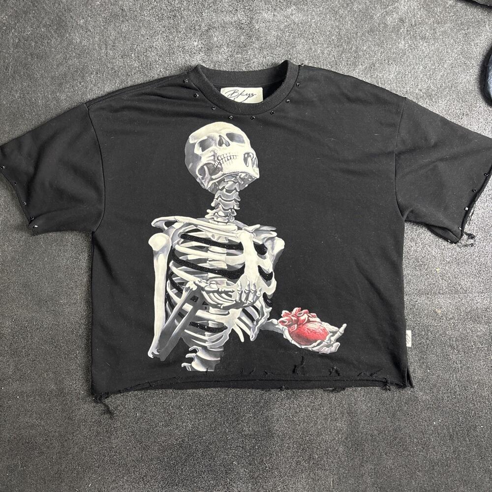 Bkys Skeleton Graphic Distressed Tee Black Studded Punk Goth Grunge Size 2XL